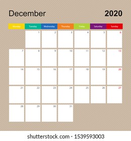 Сalendar page for December 2020, wall planner with colorful design. Week starts on Monday. Vector calendar template.