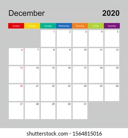 Сalendar page for December 2020, wall planner with colorful design. Week starts on Sunday. Vector calendar template.