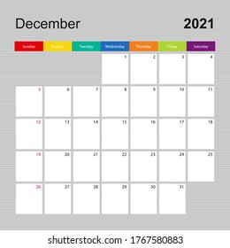 Сalendar page for December 2021, wall planner with colorful design. Week starts on Sunday. Vector calendar template.