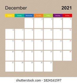 Сalendar page for December 2021, wall planner with colorful design. Week starts on Monday. Vector calendar template.