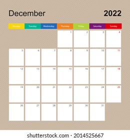 Сalendar page for December 2022, wall planner with colorful design. Week starts on Monday. Vector calendar template.
