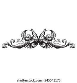 Page decoration. Decorative floral elements, corners, borders, frame, crown. (black and white) Retro