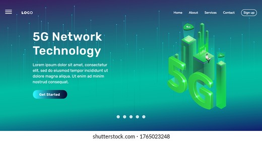 page design with isometric illustration of an engineer or developer establish wireless 5g network for internet network 