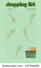 Page design for notepad shopping list light green background with pumpkin carrots and bottle in shopping basket blank for planner sketch pad sheet vector
