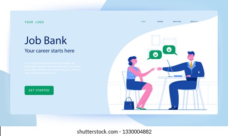 Page design template - interviewed, hiring, business solutions, communication concept. Woman and man sit at the table and talk.