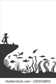 page design template in paper cut sea style underwater underwater view through cave window. Coral reef seabed fish in algae waves. Vector paper craft diving World Water Day website concept.