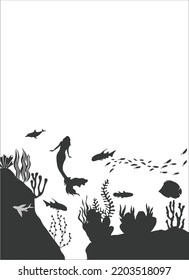 page design template in paper cut sea style underwater underwater view through cave window. Coral reef seabed fish in algae waves. Vector paper craft diving World Water Day website concept.