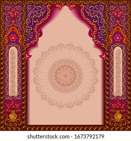 Page design template for text decorated in the Indian style. The color is pink.