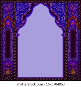 Page design template for text that is ornamented in an Oriental style. Bright neon colors.