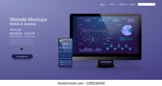 Page design templates for data analysis,management app, analysis data and Investment. Application laptop with business graph and analytics. Perfect for web design, banner and presentation. Vector