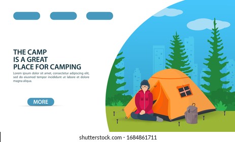 Page, for the design of a website or mobile app, summer camping theme, a girl sitting on her knees in front of a tourist tent, vector flat illustration