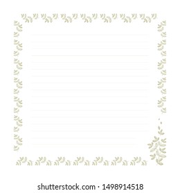 Page design for writing, background from beautiful foliage and branches in the right corner, vector decorative frame with an ornament in pastel colors and empty lines, template for planning
