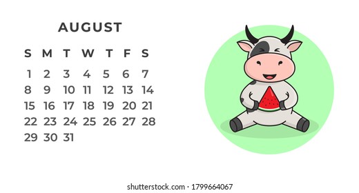 Page of the desktop calendar for 2021. Cute spotted ox, ox or cow doing sports, yoga, resting. 2021-the year of the Ox on the Eastern or Chinese calendar. Vector stock, ready-to-print template.