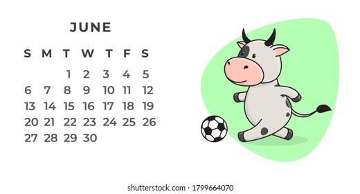 Page of the desktop calendar for 2021. Cute spotted ox, ox or cow doing sports, yoga, resting. 2021-the year of the Ox on the Eastern or Chinese calendar. Vector stock, ready-to-print template.