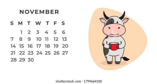 Page of the desktop calendar for 2021. Cute spotted ox, ox or cow doing sports, yoga, resting. 2021-the year of the Ox on the Eastern or Chinese calendar. Vector stock, ready-to-print template.