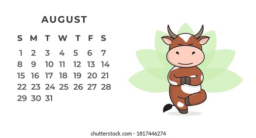Page of the desktop calendar for August 2021. The ox is a symbol of the year 2021 according to the Eastern or Chinese calendar. Vector stock, ready-to-print template.