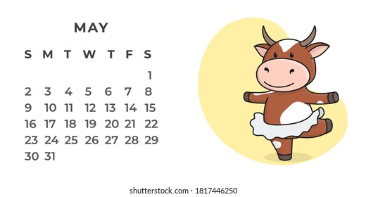 Page of the desktop calendar for may 2021. The ox is a symbol of the year 2021 according to the Eastern or Chinese calendar. Vector stock, ready-to-print template.