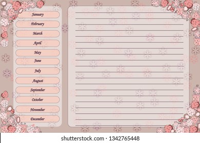 Page for the diary with graphs to record their Affairs. Against the background of female beauty.