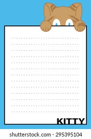 Page Diary with Looking Vector Tabby Cat with Big Blue Eyes Behind White Paper with Lines with Blue Bacground