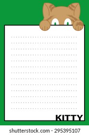 Page Diary with Looking Vector Tabby Cat with Big Green Eyes Behind White Paper with Lines with Green Bacground