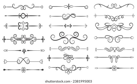 Separador De Páginas Y Elementos De Diseño. Conjunto de varios diseños simples de divisor negro, vectores de plantilla de colección de divisores surtidos. Colección de elementos de divisores florales mega decoración para caligrafía.