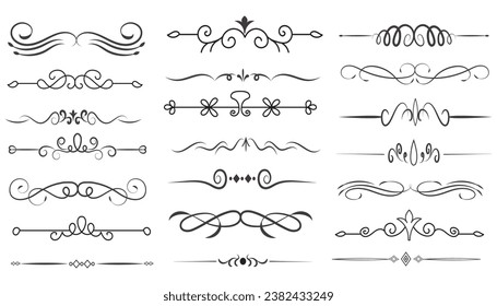 Page Divider And Design Elements. Set of Various Simple Black Divider Design, Assorted Divider Collection Template Vector. Collection of floral dividers elements mega decoration for Calligraphy.