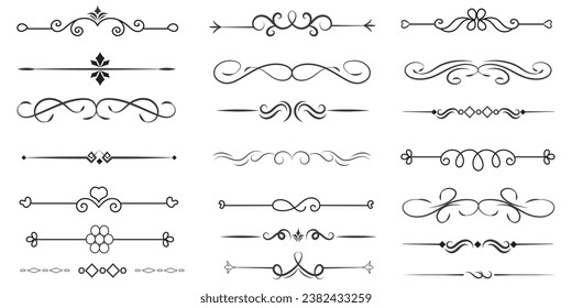 Page Divider And Design Elements. Set of Various Simple Black Divider Design, Assorted Divider Collection Template Vector. Collection of floral dividers elements mega decoration for Calligraphy.