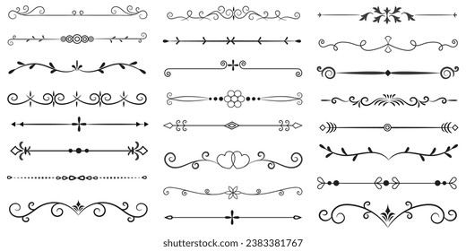 Page Divider And Design Elements. Set of Various Simple Black Divider Design, Assorted Divider Collection Template Vector. Collection of floral dividers elements mega decoration for Calligraphy.