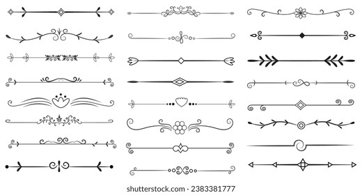 Page Divider And Design Elements. Set of Various Simple Black Divider Design, Assorted Divider Collection Template Vector. Collection of floral dividers elements mega decoration for Calligraphy.