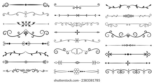 Page Divider And Design Elements. Set of Various Simple Black Divider Design, Assorted Divider Collection Template Vector. Collection of floral dividers elements mega decoration for Calligraphy.