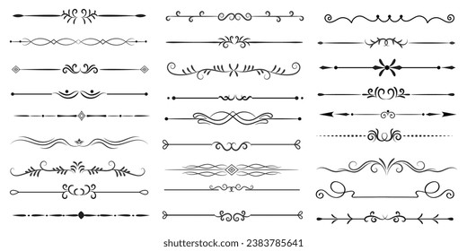 Separador De Páginas Y Elementos De Diseño. Conjunto de varios diseños simples de divisor negro, vectores de plantilla de colección de divisores surtidos. Colección de elementos de divisores florales mega decoración para caligrafía.