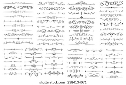 Page Divider And Design Elements. Set of Various Simple Black Divider Design, Assorted Divider Collection Template Vector. Collection of floral dividers elements mega decoration for Calligraphy.