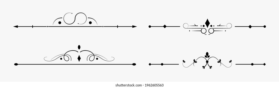 Page Dividers Vector Set. Floral Dividers Elements Collection Decoration Pack. Vintage Ornamets Classic Lines For Frames And Borders. Vector Caligraphy Lines Set
