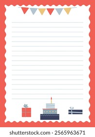 a page for entries with empty rulers with a birthday cake and gifts