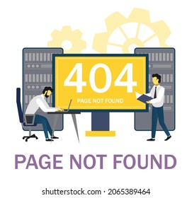 Page error 404, page not found. System administrators troubleshooting HTTP error, flat vector illustration. Website under construction.