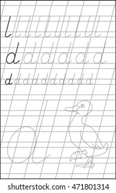 Page with exercises for children on a paper in line with letter D. Developing skills for writing and drawing. Vector image.