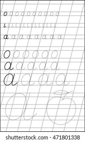 Page with exercises for children on a paper in line with letter A. Developing skills for writing and drawing. Vector image.
