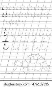 Page with exercises for children on a paper in line with letter T. Developing skills for writing and drawing. Vector image.