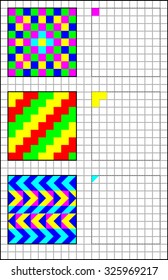 Page with exercises for children on a square paper. Developing skills for drawing and coloring. Vector image.