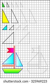 Page with exercises for children on a square paper. Developing skills for drawing and coloring. Vector image.