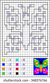 Page with exercises for children on a square paper. Developing skills for counting and coloring. Vector image.