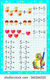 Page with exercises for children on a square paper. Developing skills for writing and counting. Vector image.