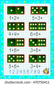 Page with exercises for children on a square paper. Developing skills for writing and counting. Vector image.