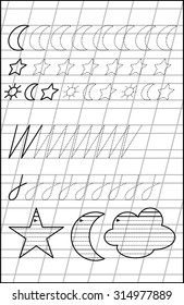 Page with exercises for young children in line. Developing skills for writing and drawing. Vector image.