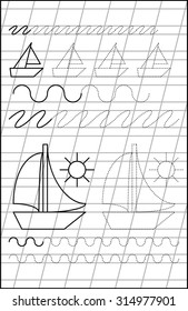 Page with exercises for young children in line. Developing skills for writing and drawing. Vector image.