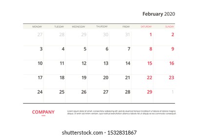 Page February 2020 calendar planner stationary design template. Monthly planner. Corporate and business template design. Week starts on Sunday. Vector illustration. Isolated background.