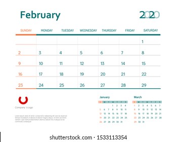 Page February 2020 wall calendar planner stationary design template. Color event monthly planner. Corporate and business template design. Week starts on Sunday. Vector illustration. Isolated.