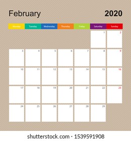 Сalendar page for February 2020, wall planner with colorful design. Week starts on Monday. Vector calendar template.