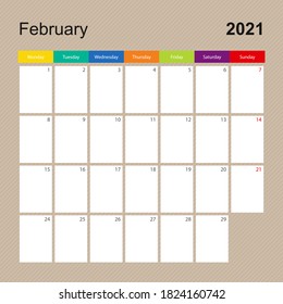 Сalendar page for February 2021, wall planner with colorful design. Week starts on Monday. Vector calendar template.