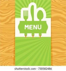 Page with fork, spoon and knife with tag for text on seamless wood pattern. Cutlery for the menu of restaurant or cafe. Illustration for menu with banner, knife, fork and spoon in modern flat design